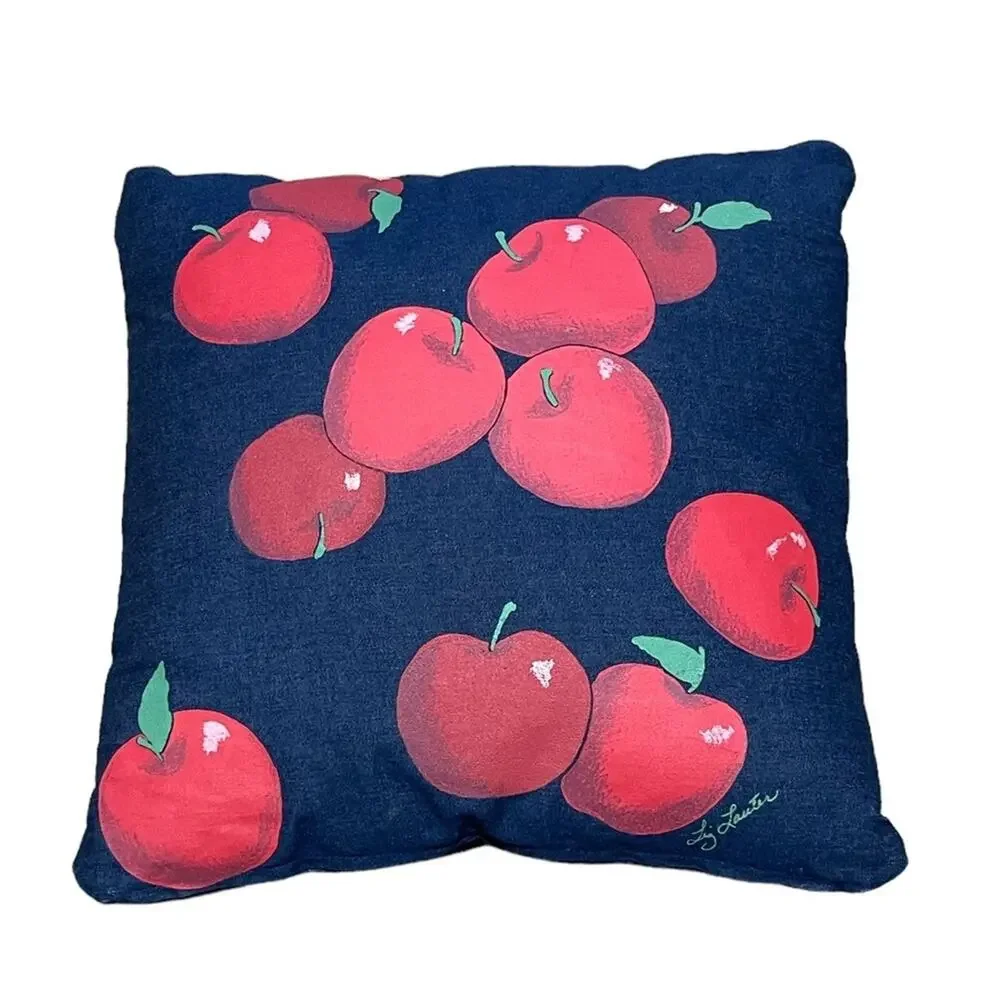 Decorative Handpainted Square Denim Blue Red Apple Pillow by Artist Liz Lauter